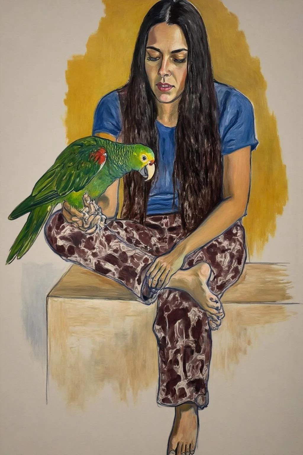 aliceneel2 painting.
A woman with long, dark straight hair sits on a wooden box with her legs crossed and one foot up, wearing a blue shirt and patterned pants, holding a green parrot with yellow and red markings. She is looking down at the parrot. The background is abstract, with warm yellow and muted tones. <lora:aliceneel2_d8a4:1.0><lora:866270504162484292:0>