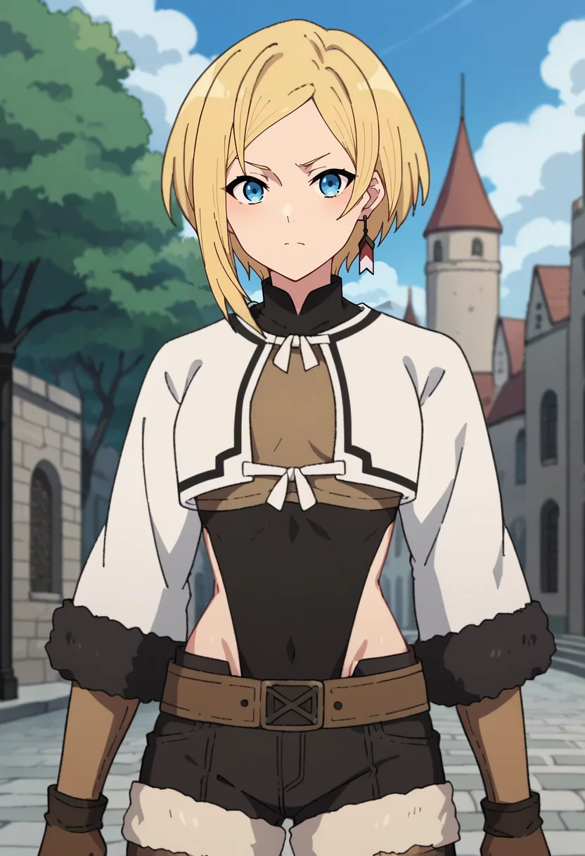 score_4, score_5, score_6, score_9, score_8_up, score_7_up, source_anime,
<lora:MushokuTensei_SaraXL:0.8>, SaraMT,
1girl, closed mouth,
blonde hair, blue eyes, short hair, single earring,
layered clothes, cropped jacket, white jacket, brown shirt, black leotard, fur-trimmed sleeves, brown gloves, belt, fur-trimmed shorts,
standing, looking at viewer,
outdoors, medieval, city, stone, tree, painted background