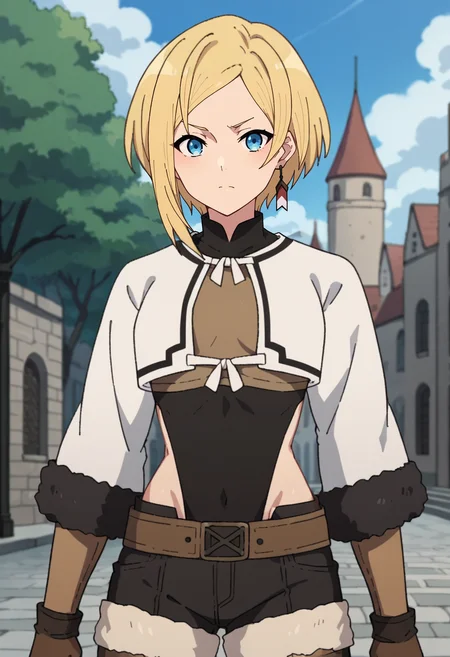 score_4, score_5, score_6, score_9, score_8_up, score_7_up, source_anime,
<lora:MushokuTensei_SaraXL:0.8>, SaraMT,
1girl, closed mouth,
blonde hair, blue eyes, short hair, single earring,
layered clothes, cropped jacket, white jacket, brown shirt, black leotard, fur-trimmed sleeves, brown gloves, belt, fur-trimmed shorts,
standing, looking at viewer,
outdoors, medieval, city, stone, tree, painted background