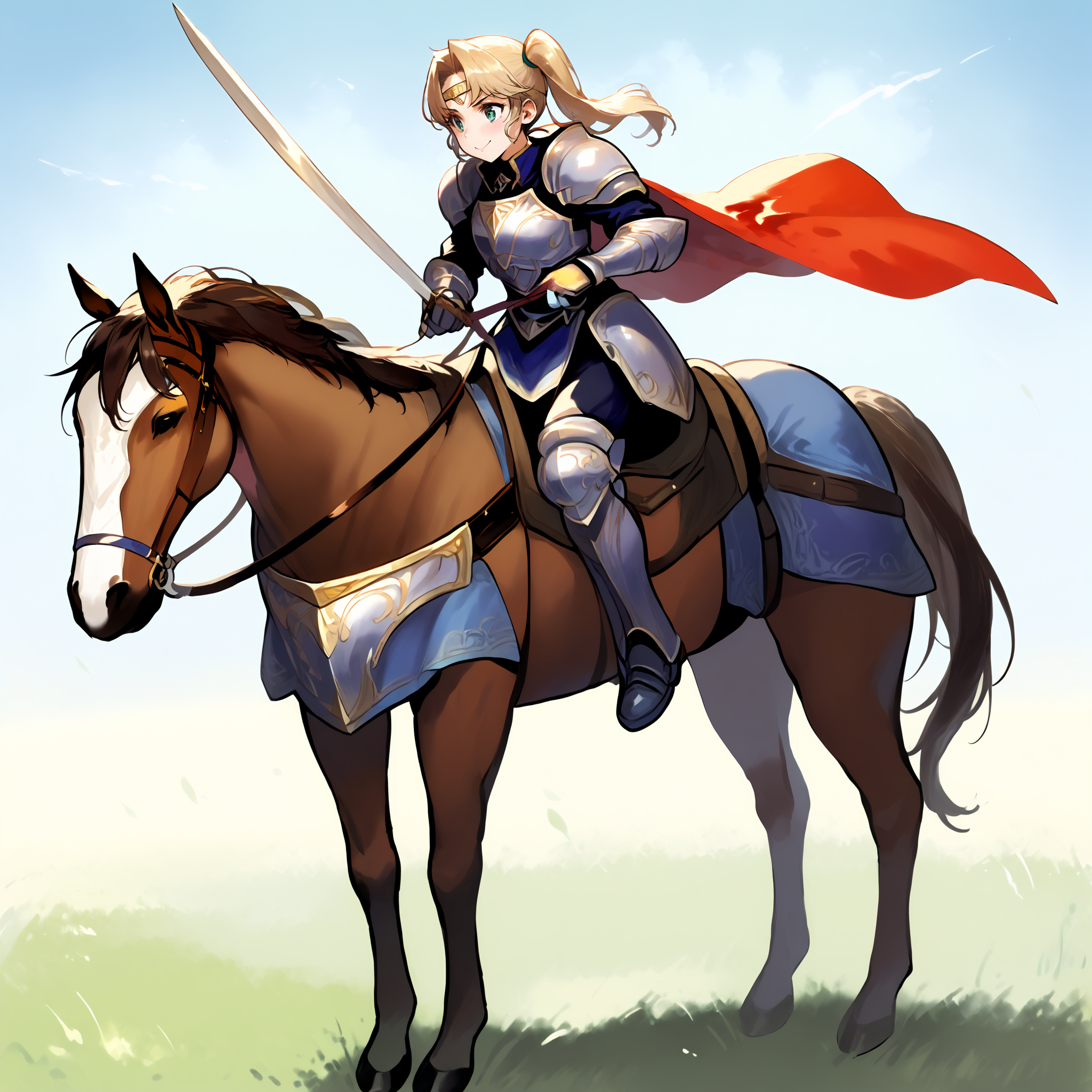 score_9,score_8_up,score_7_up,best quality,masterpiece,super detailed,extreme detailed,full_body,zPDXL BREAK (nature:1.1),(field:1.1),
<lora:Pony_DetailV2.0:1> BREAK 1girl,Cavalier,armor,cape,gloves,horse,horseback riding,holding sword,<lora:Cavalier-v2-pony:1>,