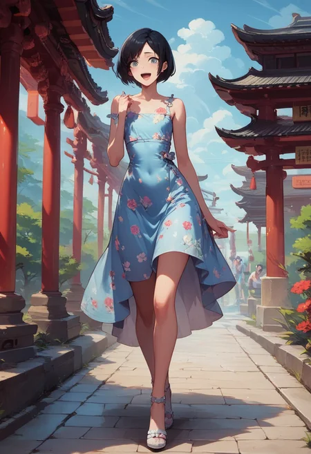 score_9, score_8_up, score_7_up, 1boy, femboy, otoko no ko, short hair, bob cut hair, black hair, grey eyes, gray eyes, feminine face, toned body, Shelly, walking, floral sundress, cute sundress, happy expression, excited, high heels, highly detailed, intricate, zzCitronLegacy, outdoors, Japan, shinto temple, crowded