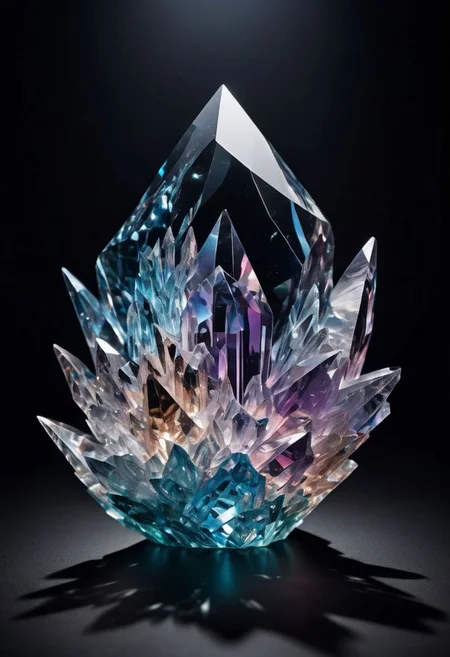 Craft a mesmerizing artwork depicting a stunning crystal void, where shimmering, translucent crystals of various shapes and sizes float weightlessly in a vast, dark expanse. Each crystal radiates a soft, ethereal glow, casting gentle reflections and refractions of light that dance across the void. The intricate facets of the crystals capture and play with the ambient light, creating a breathtaking kaleidoscope of colors and patterns. The emptiness of the void is filled with the serene beauty of these crystalline formations, evoking a sense of wonder and tranquility in the viewer.