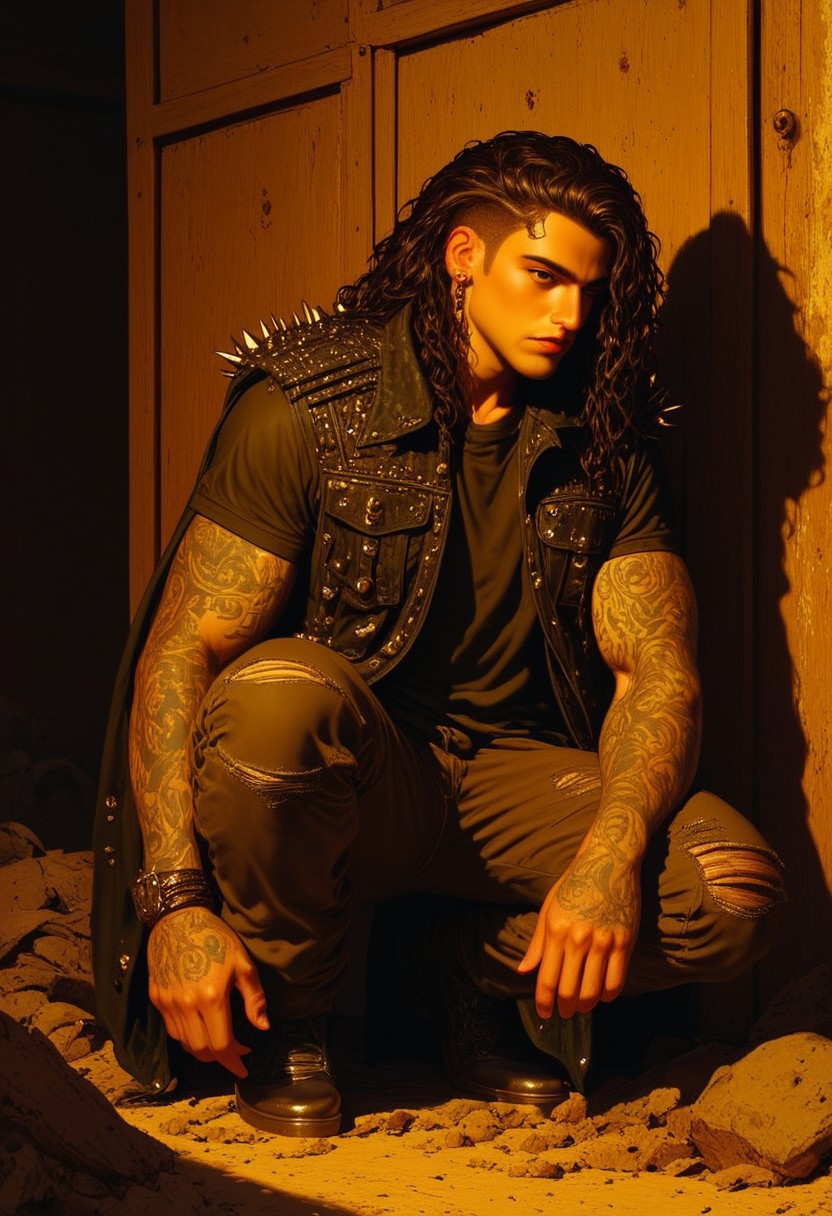 This is a digital drawing in a semi-realistic style, showcasing a young man squatting down, view from behind. The subject has very long black curly wet hair. He has a fair complexion and dark eyelashes. He wears an oversized leather jacket adorned with metal studs and spikes with multiple pockets and padding on the outside that is torn up. Under that he wears a shirt that is slightly wrinkled, adding to the casual, relaxed vibe of the scene. Very muscular build. Tattered brown jeans. There is trash on the ground.
He is outside by the ocean.
The man is posed casually in a relaxed state without a care in the world. he has multiple tattoos and has a punk rock vibe.
The background features rustic objects with chipped paint which is painted in a dark brown hue, contrasting with the warm, amber-colored lighting that bathes the scene. The lighting casts dramatic shadows, emphasizing the man's muscular build and the texture of his t-shirt. The overall mood of the image is contemplative and somewhat melancholic, enhanced by the warm, muted tones and the man's introspective posture.
Ultra-detailed, HD, 8K quality, flawless anatomy, and vibrant contrasts that elevate the composition's opulent allure. The image has high contrast where reflected light appears brighter and shadows appear darker which enhances the contrast and hue which results in a visually stunning image that captures the eye easily. Perfect hand.