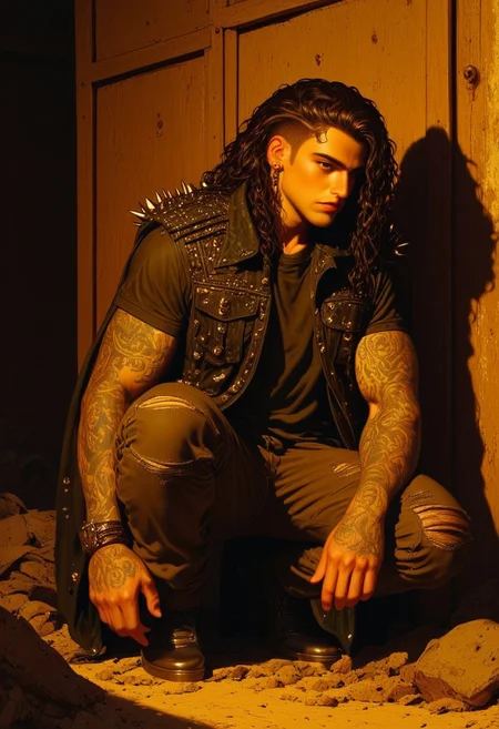 This is a digital drawing in a semi-realistic style, showcasing a young man squatting down, view from behind. The subject has very long black curly wet hair. He has a fair complexion and dark eyelashes. He wears an oversized leather jacket adorned with metal studs and spikes with multiple pockets and padding on the outside that is torn up. Under that he wears a shirt that is slightly wrinkled, adding to the casual, relaxed vibe of the scene. Very muscular build. Tattered brown jeans. There is trash on the ground.
He is outside by the ocean.
The man is posed casually in a relaxed state without a care in the world. he has multiple tattoos and has a punk rock vibe.
The background features rustic objects with chipped paint which is painted in a dark brown hue, contrasting with the warm, amber-colored lighting that bathes the scene. The lighting casts dramatic shadows, emphasizing the man's muscular build and the texture of his t-shirt. The overall mood of the image is contemplative and somewhat melancholic, enhanced by the warm, muted tones and the man's introspective posture.
Ultra-detailed, HD, 8K quality, flawless anatomy, and vibrant contrasts that elevate the composition's opulent allure. The image has high contrast where reflected light appears brighter and shadows appear darker which enhances the contrast and hue which results in a visually stunning image that captures the eye easily. Perfect hand.
