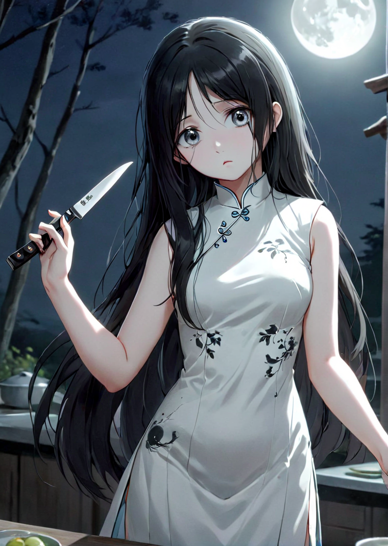 <lora:baobao_XL_0_-000004:1.3>,baobao,1girl,(hand holding kitchen knife:1.2),watching you in the moonlight,expression numbness,gray eyeball,black long straight hair,outdoors,white cheongsam,