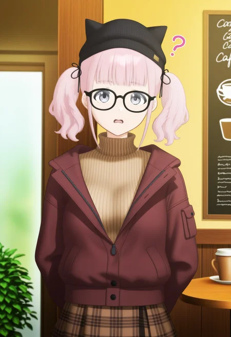 <lora:GBC_HINA_illustrious-000020:1>,
GBC_HINA,glasses,dark red jacket,wool hat,1girl,solo,twintails,pink hair,plaid skirt,blurry,ribbed sweater,looking at viewer,plaid,denim,black headwear,brown skirt,ribbon,turtleneck,turtleneck sweater,hair ribbon,arms behind back,bangs,black-framed eyewear,brown sweater,black hat,cowboy_shot,confused,open mouth,cafe,bar