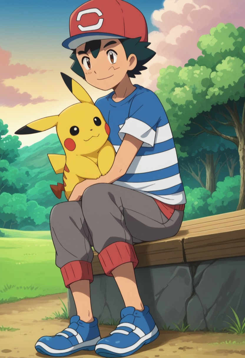score_9, score_8_up, score_7_up, source_anime, highly detailed, slender, skinny,
ashsm, 1boy, pokemon (creature), smile, shirt, male focus, striped shirt, hat, striped, brown eyes,
black hair, pants, t-shirt, baseball cap, short sleeves, 
bangs, grey pants, red headwear, upper body, hug pokemon, capri pants, blue footwear,
outdoor, sky, day, trees, sit,