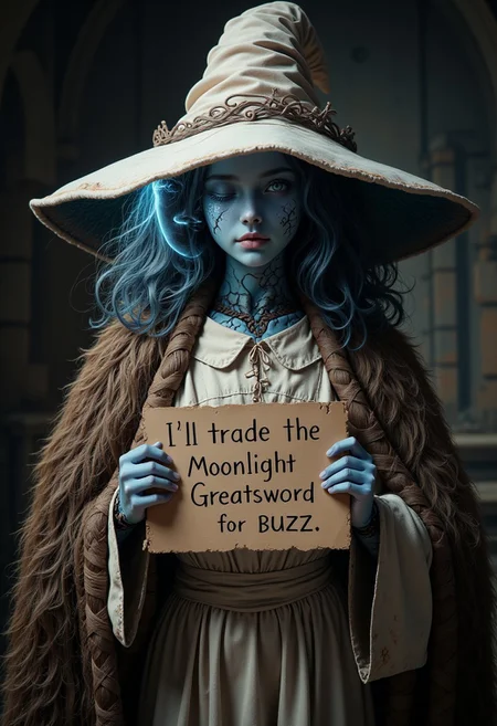 ultra realistic photo of Ranni the witch, holding a sign with four arms that says "I'll trade the Moonlight Greatsword for BUZZ"
