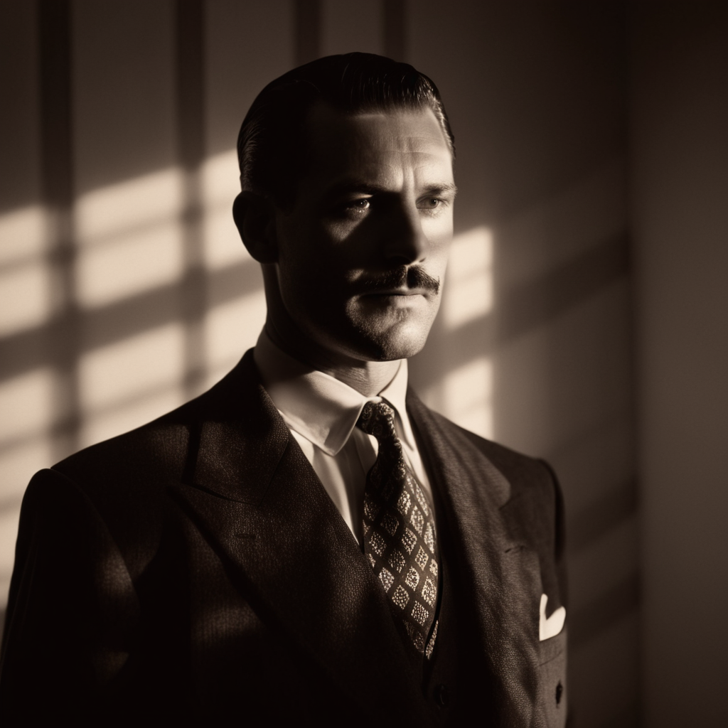 cinematic film still of  <lora:casting shadow style v2:1>
A cucoloris patterned illumination casting a diagonal shadow on a 1940'sman in a suit and tie standing in a room , casting shadow style, shallow depth of field, vignette, highly detailed, high budget, bokeh, cinemascope, moody, epic, gorgeous, film grain, grainy