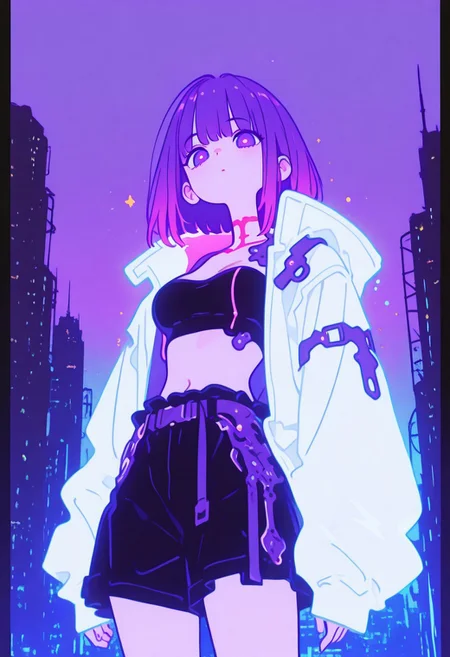 masterpiece,best quality,amazing quality, , artist:snegovski, artist:horikoshi_kouhei, artist:murata_yuusuke, clean lines, subtle lighting, bold outlines, cel shading, cyberpunk, cityscape, blue and purple neon glow, 1 girl, hacker, white jacket, open clothing, black tube top, baggy shorts,
dynamic pose, action pose