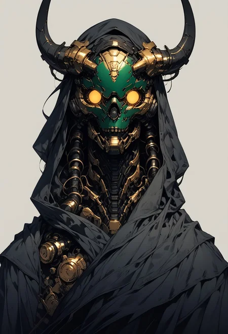 score_9,score_8_up,score_7_up, g0ldl34f, solo, 1head, forest green helmet, no humans, glowing mechanical eyes, intricate ram horns, robot, mecha, beaten brown cloak, science fiction, cyborg, mechanical parts, humanoid robot, science fiction, sinozick style, flat color, dark theme, Expressiveh, l0g0, simple background