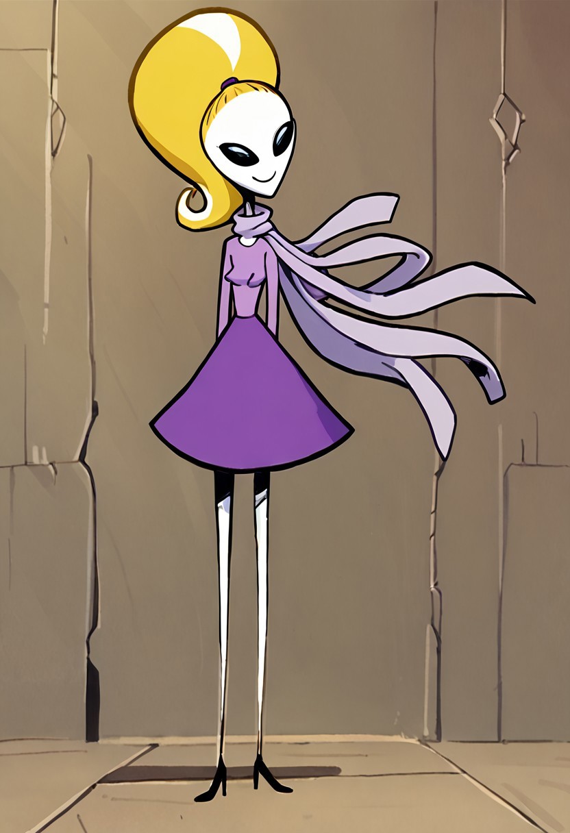 score_9, score_8_up, score_7_up BREAK YvetTO, 1girl, blonde hair, ponytail, pale skin, black eyes, black alien eyes, alien, black sunglasses, long-sleeved light purple shirt, lavender scarf, purple skirt, high-heeled shoes, smiling at viewer,