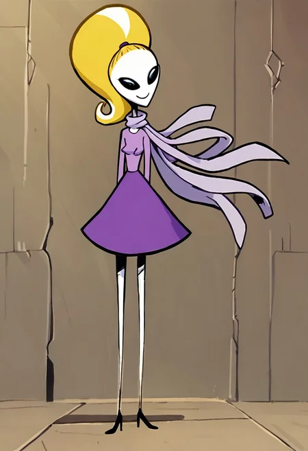 score_9, score_8_up, score_7_up BREAK YvetTO, 1girl, blonde hair, ponytail, pale skin, black eyes, black alien eyes, alien, black sunglasses, long-sleeved light purple shirt, lavender scarf, purple skirt, high-heeled shoes, smiling at viewer,