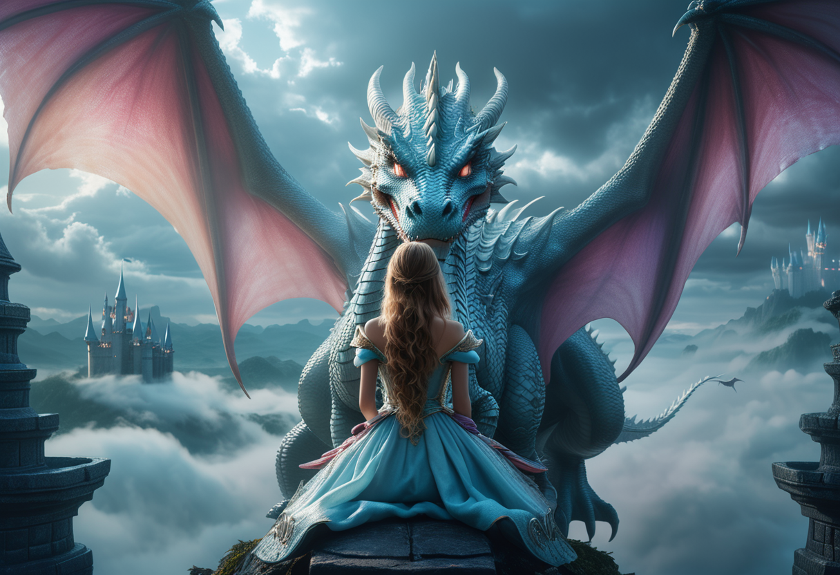 (medium full shot) of (medium shot , from behind) of enchanted princess riding a dragon, detailed face, located in a magical scene at a serene cloud kingdom during morning with misty weather, illuminated by enchanted glow, creating a epic atmosphere, ,Masterpiece,best quality, raw photo, realistic, very aesthetic