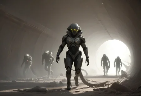 Syd Mead-esque underground tunnel escape scene, soldiers in sleek, futuristic armor, emergency lights casting dramatic shadows, smoke and debris creating a moody atmosphere, alien creatures with biomechanical designs and glowing eyes, soldiers with high-tech weapons and determined expressions, civilians in the background with a mix of fear and hope, military vehicles with streamlined designs, a lone soldier activating a self-destruct sequence with a sense of heroic sacrifice, the distant chaos of the alien invasion adding to the tension, a cinematic composition with a focus on the soldiers' struggle for survival