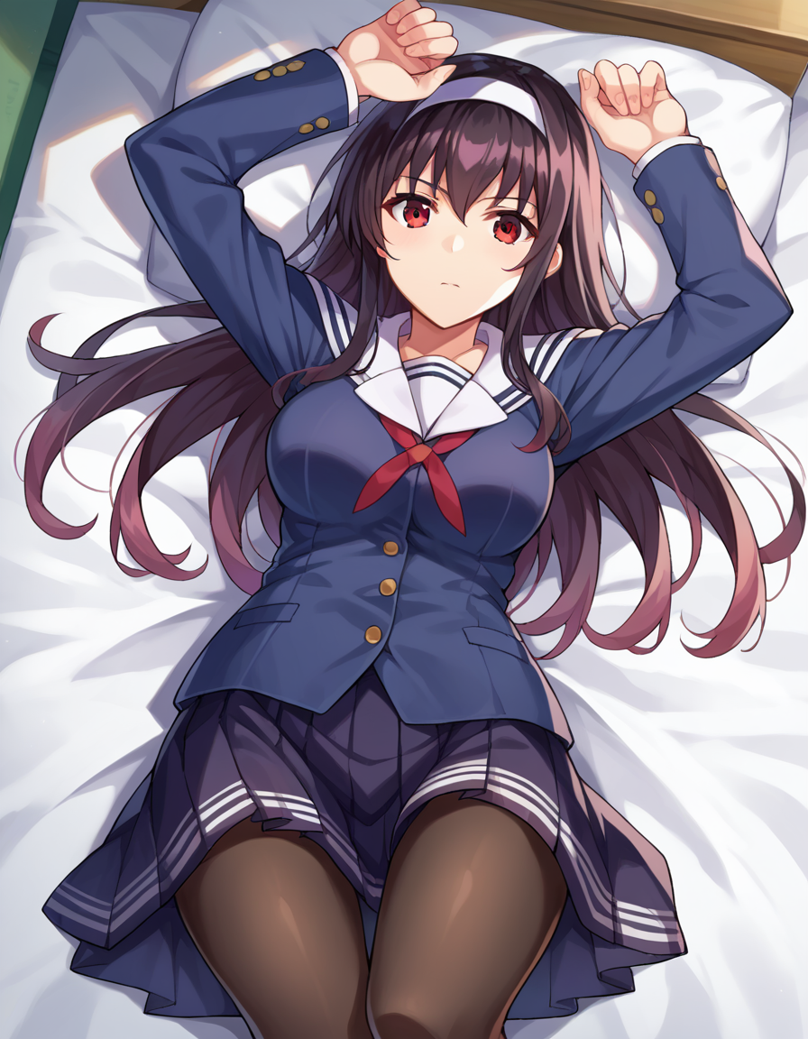 score_9, score_8_up, score_7_up, source_anime,
utahakasumigaoka, <lora:utaha-kasumigaoka-ponyxl-lora-nochekaiser:1>
utaha kasumigaoka, black hair, hairband, long hair, red eyes,
long sleeves, school uniform, skirt, pantyhose,
indoors, bed, bed room, on back, arm support, arms up, incoming hug, pov, reaching, reaching towards viewer,
looking at viewer, dutch angle, cowboy shot,