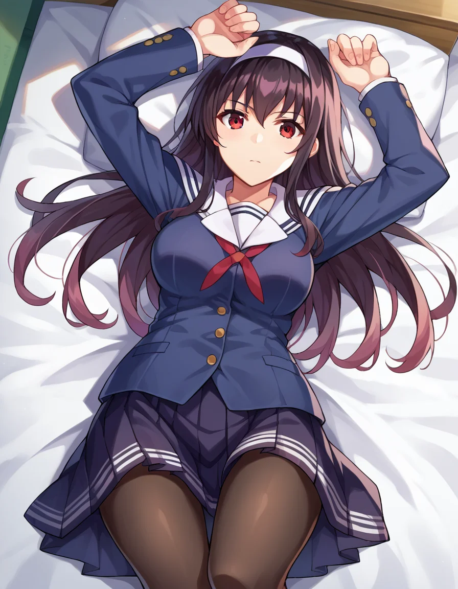 score_9, score_8_up, score_7_up, source_anime,
utahakasumigaoka, <lora:utaha-kasumigaoka-ponyxl-lora-nochekaiser:1>
utaha kasumigaoka, black hair, hairband, long hair, red eyes,
long sleeves, school uniform, skirt, pantyhose,
indoors, bed, bed room, on back, arm support, arms up, incoming hug, pov, reaching, reaching towards viewer,
looking at viewer, dutch angle, cowboy shot,