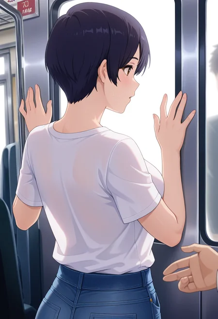 masterpiece, best quality, amazing quality, 1girl, solo, honokaww, mature female, brown eyes, black hair, short hair, asymmetrical bangs, medium breasts, t-shirt, jeans, <lora:Suzunagi_Honoka_Bravern_ill_v11:0.9>, from behind, sexually suggestive, upper body, clothed female, standing, against wall, out of frame, looking back, back, girl hands on window, solo, solo focus, indoors, train interior, window, skindentation, detailed clothing folds, depth of field, sharp, high contrast, dynamic light