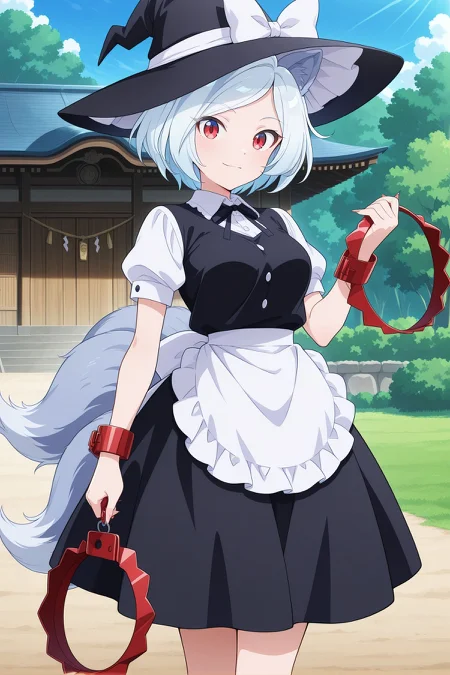 absurdres, highres, masterpiece, best quality, amazing quality, official anime artwork, screencap, anime screencap, outdoors, looking at viewer, light smile, dynamic pose, standing,
 <lora:Enoko-Mitsugashira_Illustrious:1> mitsugashira enoko, 1girl, solo, red eyes, white hair, short hair, dog ears, cerberus, multiple tails, long fingernails, medium breasts,, bear trap, alternate costume, kirisame marisa (cosplay), witch hat, hat bow, white bow, hair ribbon, black ribbon, black shirt, white sleeves, short sleeves, waist apron, black skirt, buttons,
