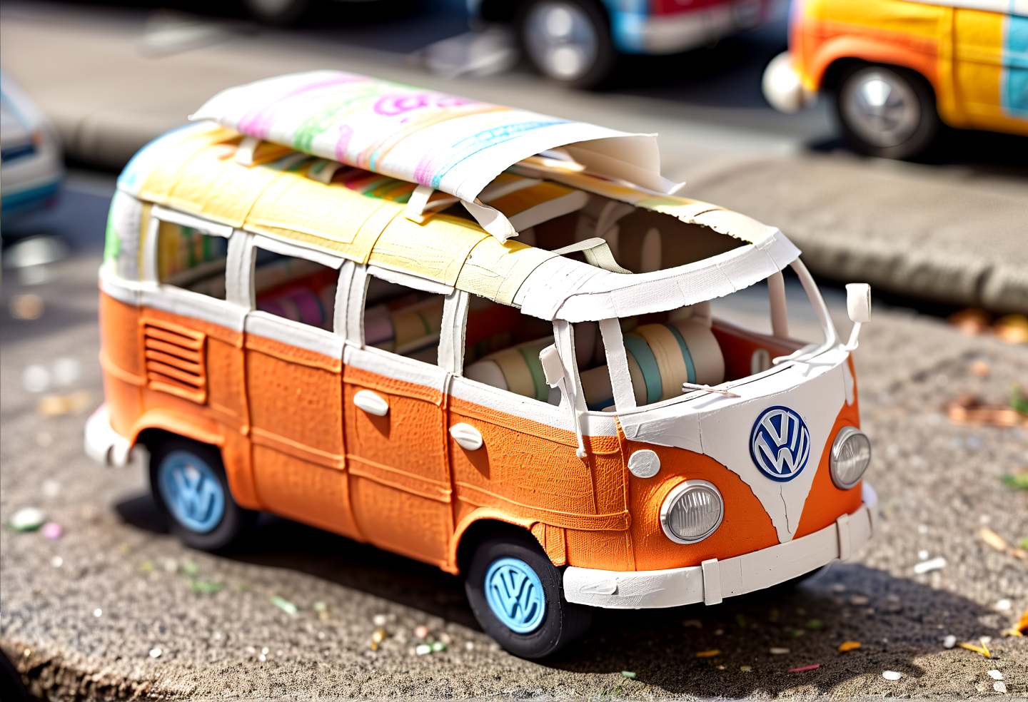 Macro Photography vw bully t1 bus made of toilete paper roll, tprc style, outside in new york,  clorfull, masterpice, 8k,,, Macro Photography, often for close-up views, small subjects, or detailed examination.