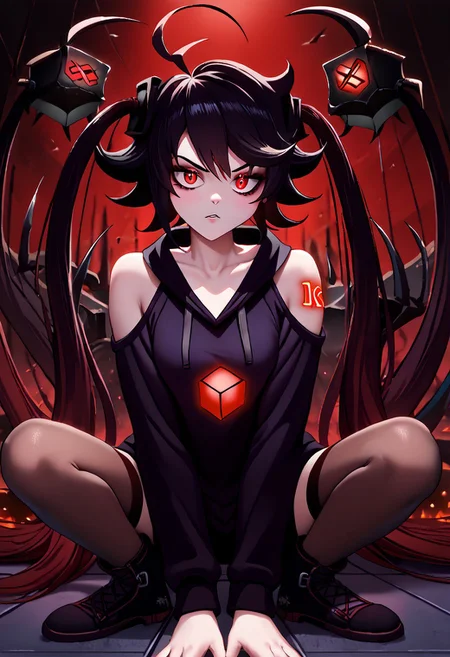 score_9, score_8_up, score_7_up, high quality, source_anime, high resolution, detailed, detailed face, beautiful face, exusiaicity, IC0n, black hair, twin tails, ahoge, red eyes, black hoodie, open shoulders, black tighhighs, black boots, glowing red cube on chest, glowing red tattoos on shoulders, evil,