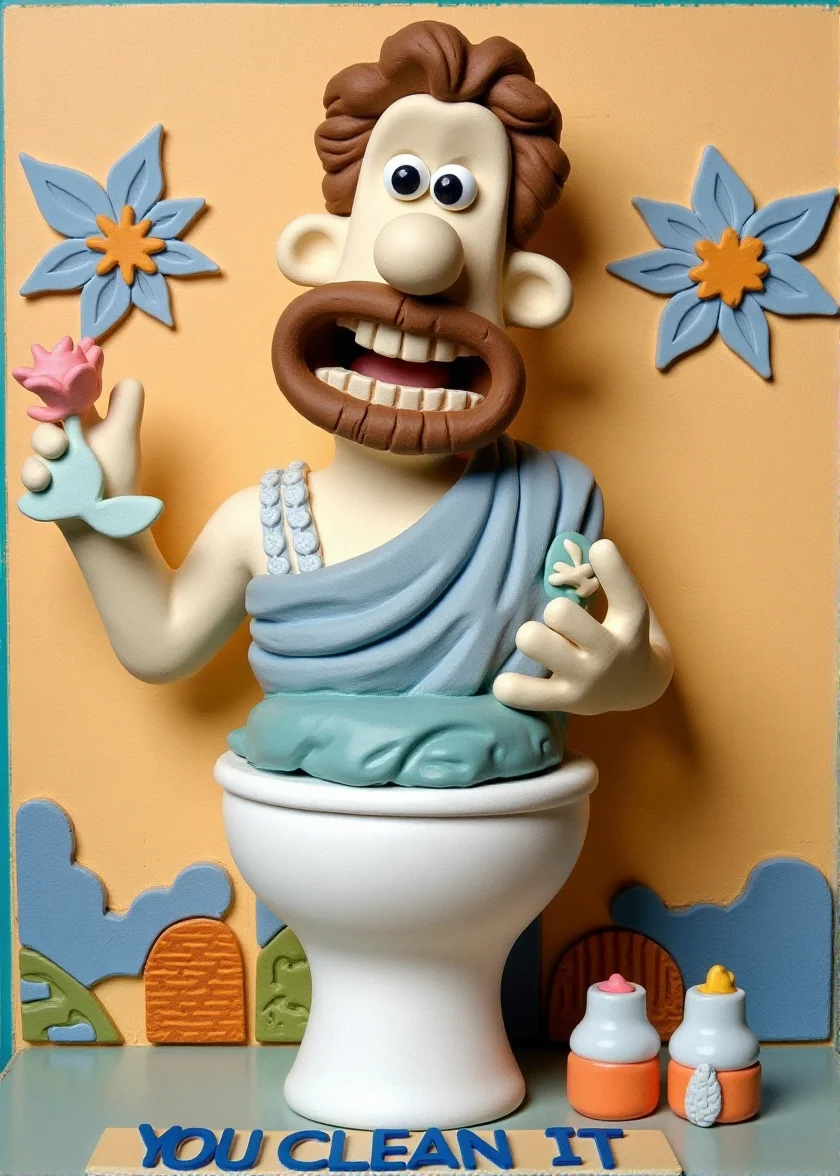 claymation,
Relief art in color
Greek art, Toilet humor
written the bottom text "YOU CLEAN IT"
made of clay