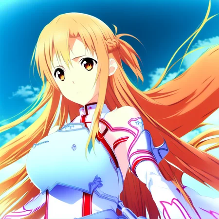 asuna, masterpiece, highres, asuna \(sao\), crown braid, light orange hair, armor, ((holding weapon))