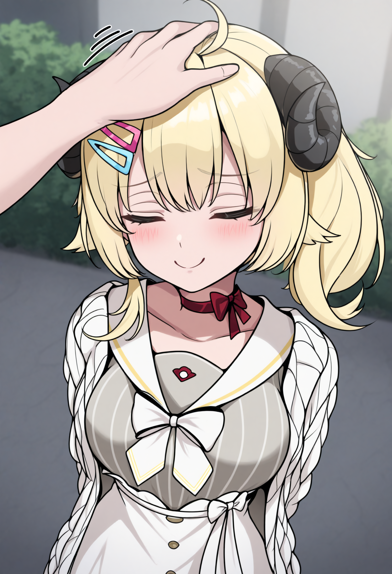 masterpiece, best quality, 1girl, solo, W4tameCas, horns, blonde hair, ahoge, side ponytail, short hair, two-tone hairclip, yellow hairclip, pink hairclip, vertical-striped dress, grey dress, white skirt, high-waist skirt, white sailor collar, red choker, white bow, white cardigan, headpat, pov hands, eyes closed, blush, smile, smug, outdoors,  <lora:ChamTsunomakiWatameNoob:1>
