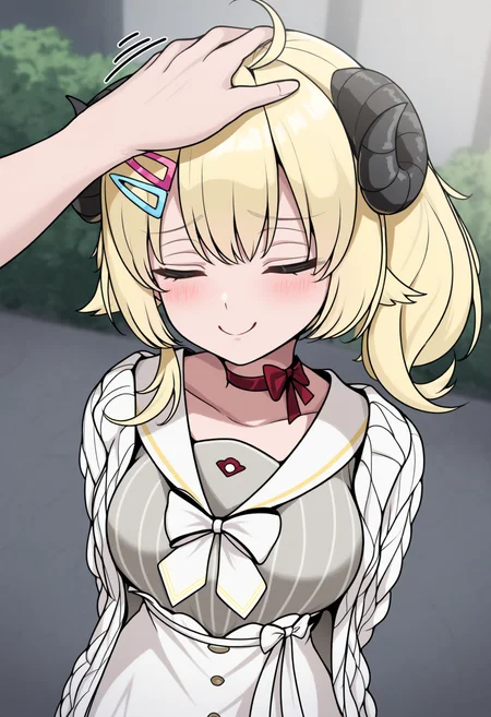 masterpiece, best quality, 1girl, solo, W4tameCas, horns, blonde hair, ahoge, side ponytail, short hair, two-tone hairclip, yellow hairclip, pink hairclip, vertical-striped dress, grey dress, white skirt, high-waist skirt, white sailor collar, red choker, white bow, white cardigan, headpat, pov hands, eyes closed, blush, smile, smug, outdoors, <lora:ChamTsunomakiWatameNoob:1>