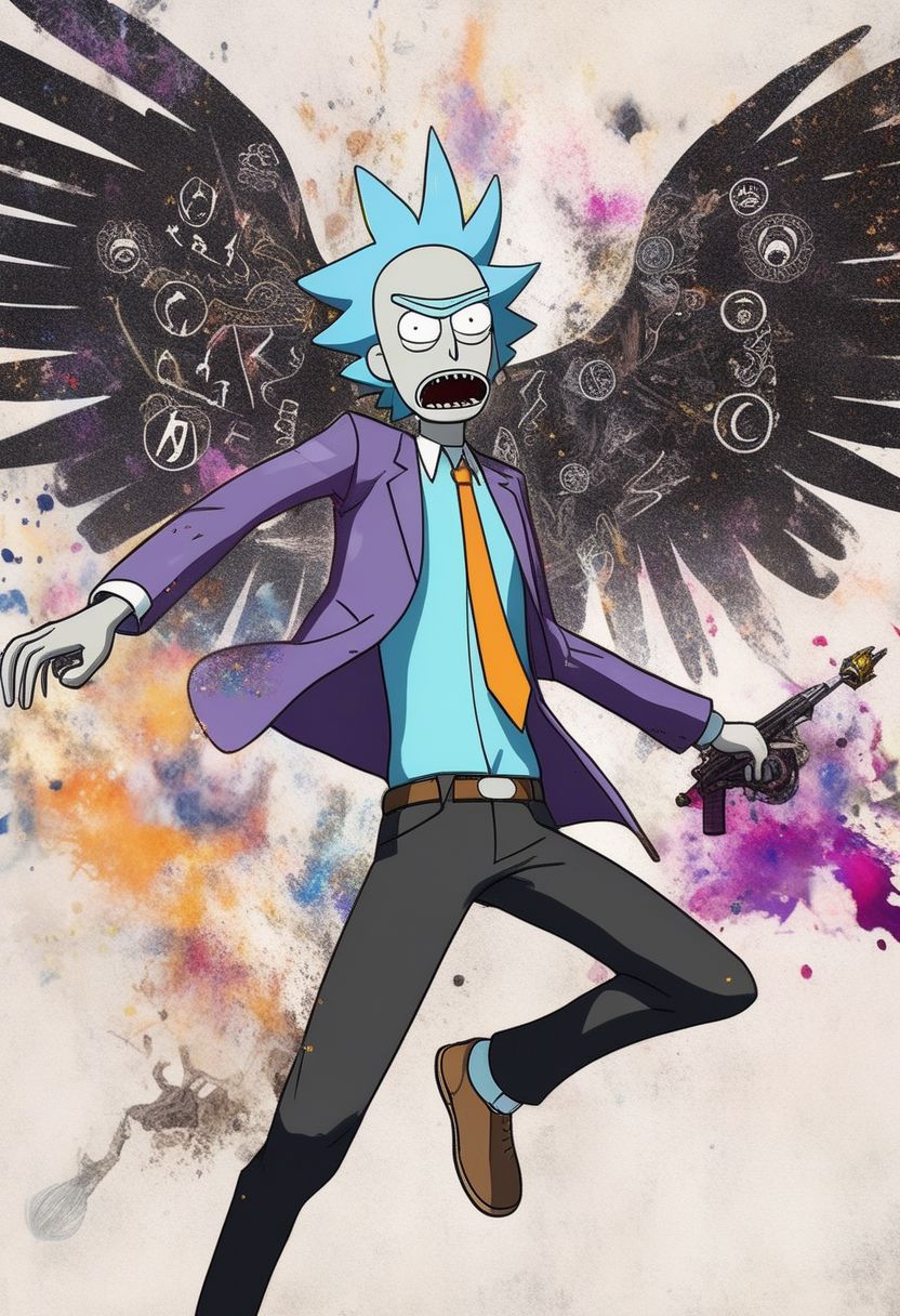 A highly detailed and vibrant action pose of an anime-inspired Rick Sanchez and Morty Smith of Rick and Morty, dressed in a tattered yet impressive suit and tie, with wings of black and white engraved with ancient runes and symbols, a halo, a horn, a weapon, and showcasing an energy or magical ability, with a color scheme of purple and orange.