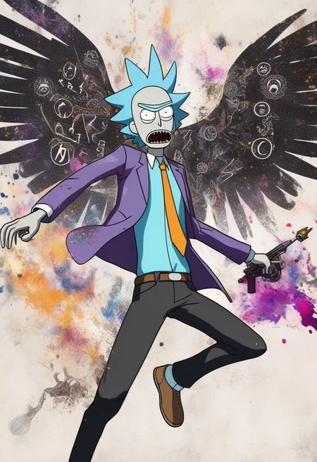 A highly detailed and vibrant action pose of an anime-inspired Rick Sanchez and Morty Smith of Rick and Morty, dressed in a tattered yet impressive suit and tie, with wings of black and white engraved with ancient runes and symbols, a halo, a horn, a weapon, and showcasing an energy or magical ability, with a color scheme of purple and orange.