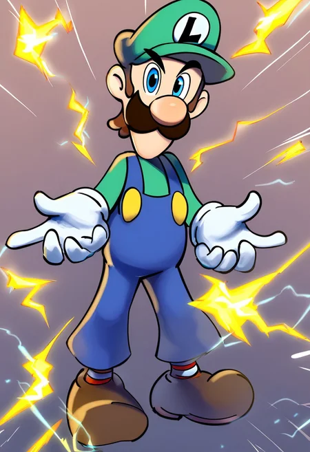 electric powers, electricity bend, dynamic pose, dramatic lighting, itluigi, cartoon-style, green hat, green long-sleeved shirt, blue overalls, moustache, round nose, brown shoes, white gloves, yellow buttons, brown hair, slim, striped socks, red and white socks, l emblem on hat, looking at viewer, blue eyes, whtie background