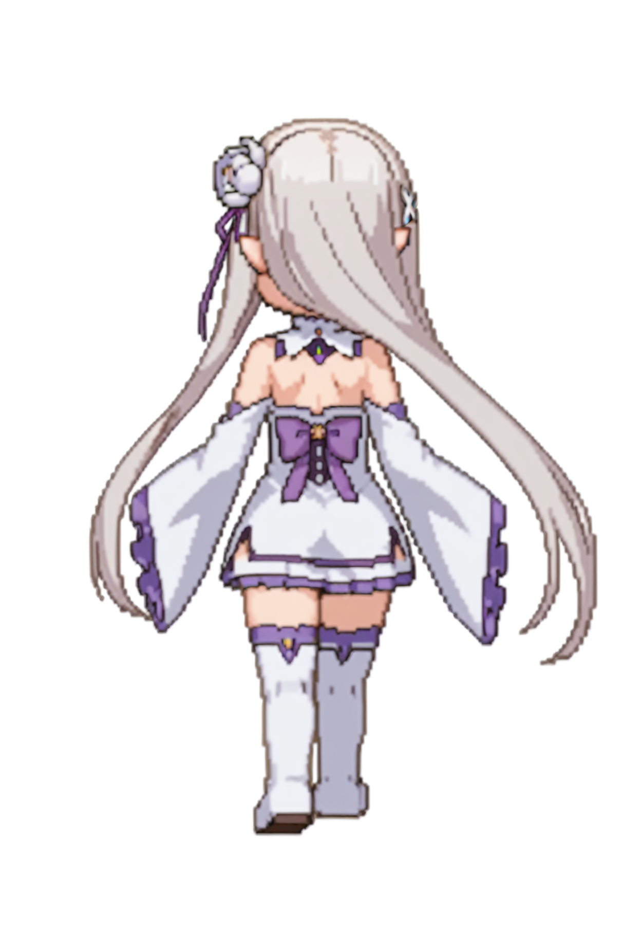 score_9, score_8_up, score_7_up, source_anime,
BREAK
<lora:shiSpriteV3:1.0>, backstanding, chibi, full body, from behind, standing, 
simple background, white background, 
1girl, solo, anime screencap, anime coloring,
<lora:shiEmiliaV2:1> shimilia, long hair, grey hair,
pointy ears, hair flower, purple ribbon, x hair ornament, 
white dress, bare shoulders, wide sleeves, white thighhighs, thigh boots,