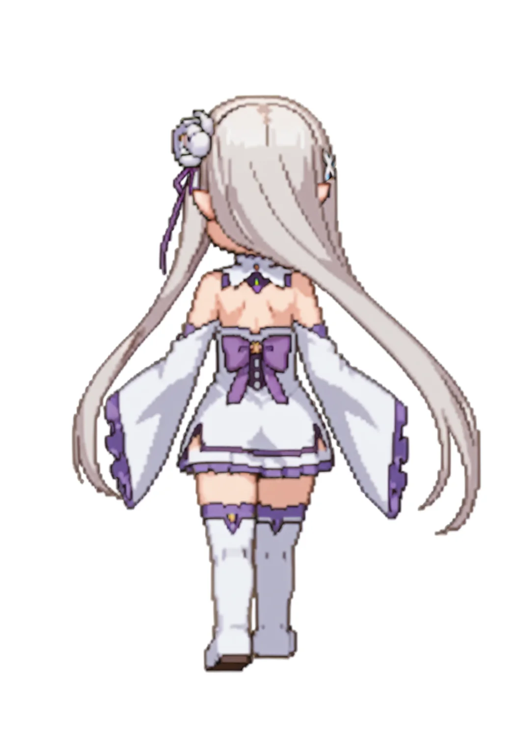 score_9, score_8_up, score_7_up, source_anime,
BREAK
<lora:shiSpriteV3:1.0>, backstanding, chibi, full body, from behind, standing,
simple background, white background,
1girl, solo, anime screencap, anime coloring,
<lora:shiEmiliaV2:1> shimilia, long hair, grey hair,
pointy ears, hair flower, purple ribbon, x hair ornament,
white dress, bare shoulders, wide sleeves, white thighhighs, thigh boots,