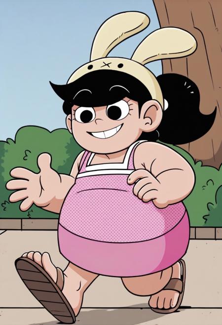 (score_9 | score_8_up | score_7_up) ((masterpiece:1))(best quality,very high quality,ultra detailed:1.2) (2D,cartoon style,anime style)(Smooth:2)(clean blurring) (four fingers on each hand,one thumb on each hand:1), Solo, maricela, 1girl, solo, plump, fat, black hair, black eyes, smile, bunny hat, fake bunny ears, pink dress, pink skirt, sandals
