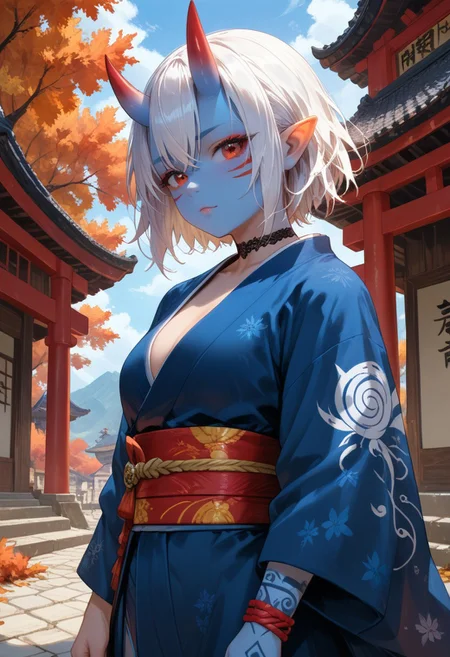 score_9, score_8_up, score_7_up, detailed background, dynamic angle, volumetric lighting godrays,perfection,perfect, 1 girl, 25 years old, perfect face, cute, petite, red eyes, white hair, short hair, messy hair, crossed bangs, hair between eye, pointy ears, black choker, (blue skin:l .2), (oni:l .2), blue oni, facial tattoo, kimono, tattoos, Japanese architecture, temple, autumn, cowboy shot, source_anime, rating_questionable,<lora:add-detail-xl:2>,<lora:hand 4:0.7>,<lora:curvature slider_last:8>,<lora:xl_more_art-full_v1:0.9>,<lora:Fant5yP0ny:0.8>,<lora:detailed_notrigger:1>,<lora:SimplePositive_XL_v1_test_AutoRunMech:2>