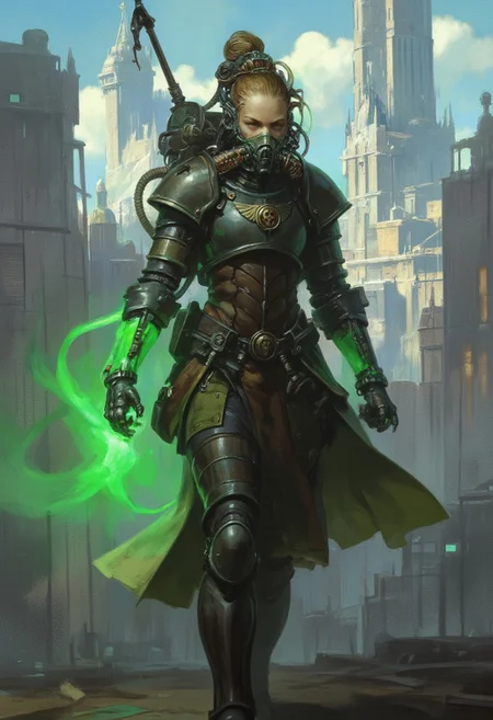 Frank Frazetta fantasy oil painting of beautiful young cyborg knight in medieval breastplate, glowing prosthetic,  woman with a glowing green prosthetic cyborg robotic arm and hand, she is walking through a city, w4rh4mm3r style oil painting, grimdark, wearing a high tech breathing mask attached to a tank on her back
