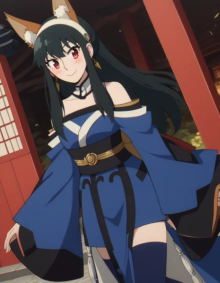 score_9, score_8_up, score_7_up, source_anime, yorbriar, <lora:yor-briar-s1-ponyxl-lora-nochekaiser:1>, yor briar, black hair, red eyes, earrings, white hairband, hairband, long hair, sidelocks,, <lora:tamamo-no-mae-cosplay-ponyxl-lora-nochekaiser:1>, tamamonomaecosplay, tamamo no mae \(cosplay\), animal ears, bare shoulders, blue kimono, blue thighhighs, detached sleeves, fox ears, fox tail, japanese clothes, kimono, obi, sash, collarbone, thighhighs, wide sleeves,, shrine, smile, blush,, cowboy shot, dutch angle, solo,