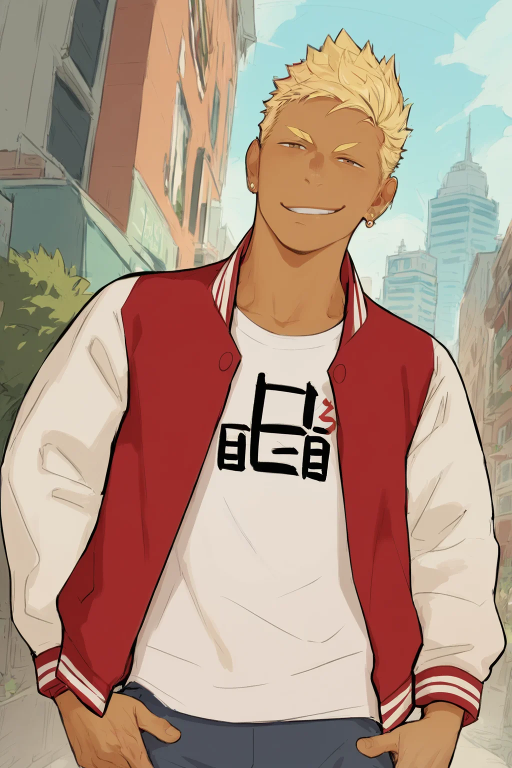score_9, score_8_up, score_7_up, 1boy, <lora:Apollo_Mentaiko:0.8>, solo, Apollo, blonde hair, blonde eyebrows, dark skin, earrings,letterman jacket, smirk, standing, looking at viewer, outdoors, city, <lora:mentaiko:0.8>, <lora:add-detail-xl:1.2>
