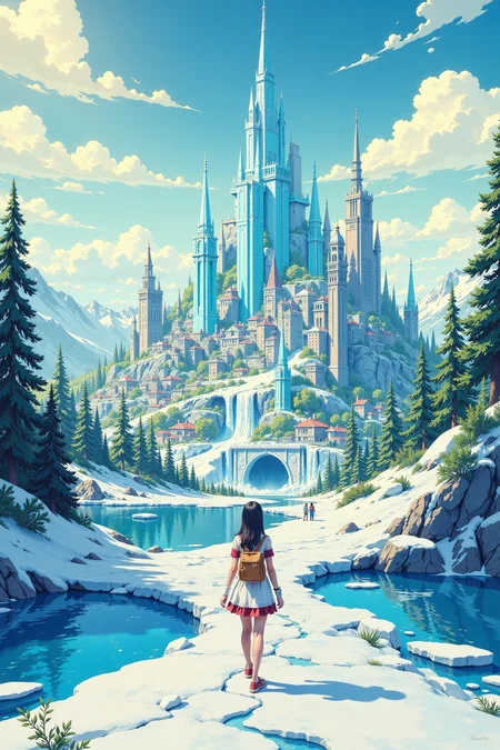an ice city beautiful landscape, bright sunny sky, woman, very intricate, very detailed, sharp, bright, colorful, <lora:Hand v2:0.5> <lora:Anti-Blur:1><lora:Insane Detail Slider:0.25> <lora:flux.1_lora_flyway_Epic-detail_v2:0.3> <lora:fluxenhancer:0.25> <lora:ROWER:0.8> <lora:flux-charmer-v1-1:0.4> <lora:Anime art - Variant 3:0.6> Anime art