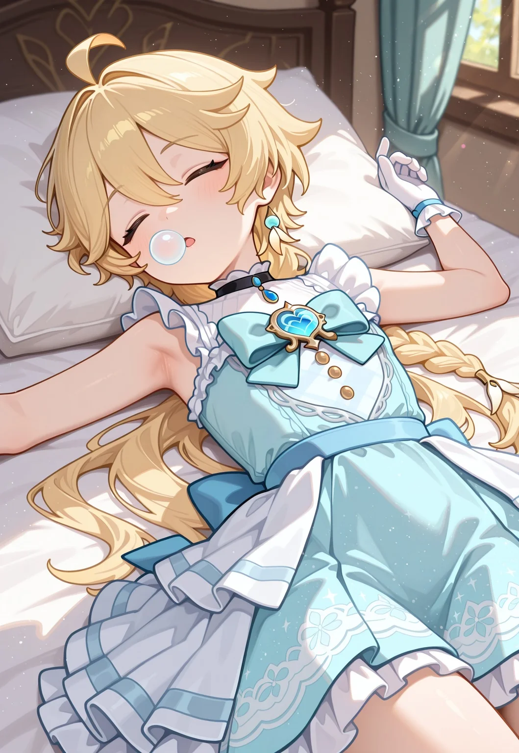 masterpiece,extremely detailed,best quality,amazing quality,newest,absurdres,highres, 1boy, adult, solo, aether,aether (genshin impact),blonde hair,,long hair,braid,single braid,ahoge,hair between eyes, littlemycinderella, gloves, white gloves, blue dress, bow, sleeveless, sleeveless dress, frills, heartbrooch,open_mouth, sleeping, nose_bubble , spread arms, on bed, close to viewers BREAK in bedroom, Sunlight filtering through the windows