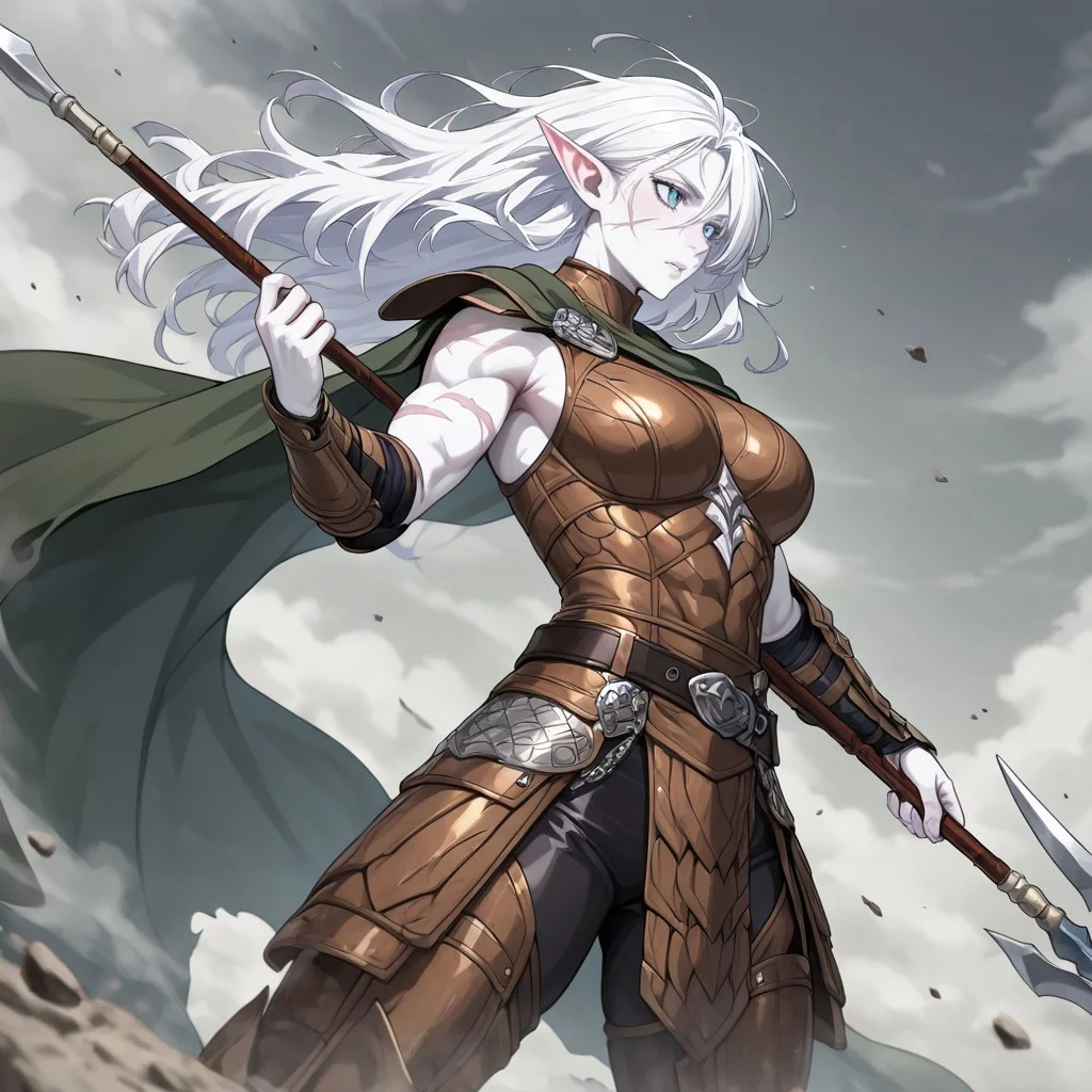 masterpiece, best quality, newest, absurdres, highres, anime, anime style, DPDV1.0, dynamic pose, polearm, holding polearm, holding weapon, weapon,
1girl, pale, white skin, colored skin, pale skin, elf, pointy ears, muscular woman, armor, cape, leather armor, scar, scars on face, white hair, long hair, messy hair,
spear, holding spear,