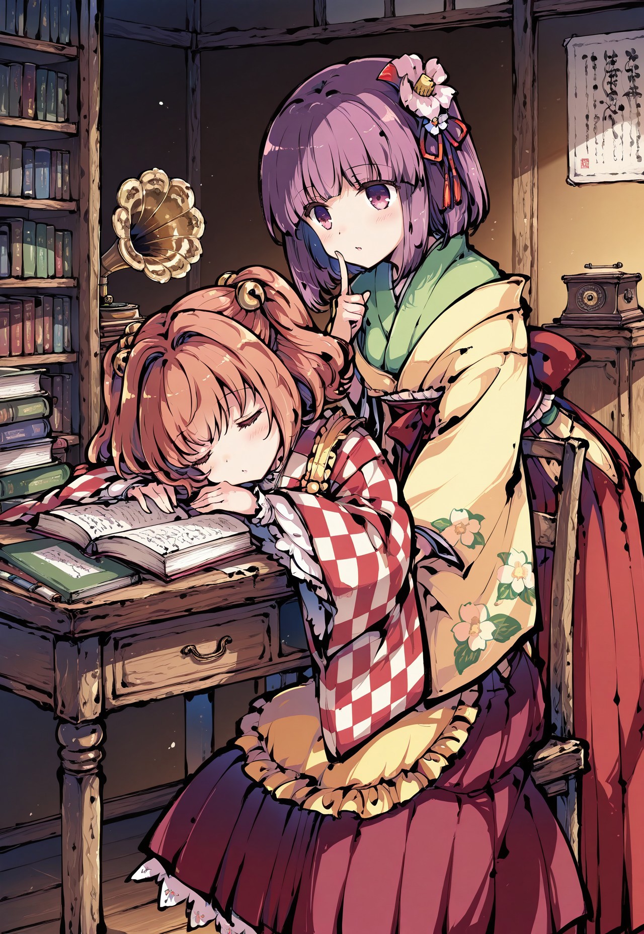 safe_pos, source_anime, high res image, masterpiece, perfect quality, best quality, newest, absurdres, highres, scenic, ultra detailed face, detailed eyes, accurate anatomy,
tokiame, ink,
sdxl_lightning_4step_lora_rank1,
HDR,
indoor, classical Japanese bookstore, brown wooden room, bookshelves filled with books, 
wooden desk, wooden chair, an opened book on chair, phonograph on desk,
front view,
2girl, multiple girls, multiple different girls, 2 different girls,,
female in front (motoori kosuzu, brown eyes, brown hair, twintails, short hair, bell, checkered kimono, wide sleeves, yellow apron,
on chair, sleeping, leaning forward, (head on desk:1.2), hands on desk),,
female in behind (hieda no akyuu, purple eyes, purple hair,
hair_flower, green_kimono, layered_clothes, wide_sleeves, floral_print, long_sleeves, red_skirt, red_hakama, red_ribbon, yellow_kimono, 
standing behind, blush, one finger on another's face),,
correct fingers
