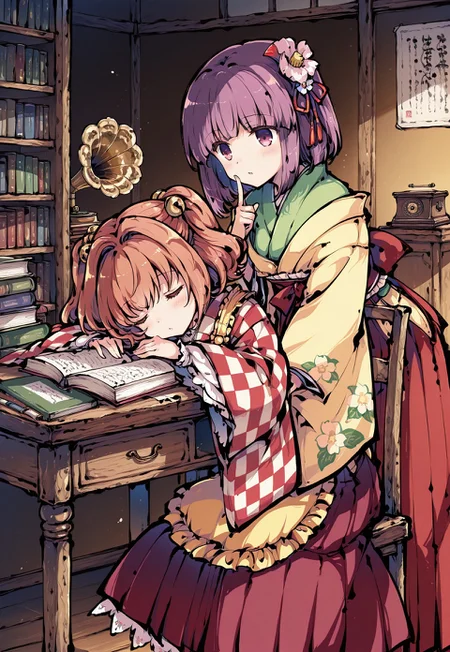 safe_pos, source_anime, high res image, masterpiece, perfect quality, best quality, newest, absurdres, highres, scenic, ultra detailed face, detailed eyes, accurate anatomy,
tokiame, ink,
sdxl_lightning_4step_lora_rank1,
HDR,
indoor, classical Japanese bookstore, brown wooden room, bookshelves filled with books,
wooden desk, wooden chair, an opened book on chair, phonograph on desk,
front view,
2girl, multiple girls, multiple different girls, 2 different girls,,
female in front (motoori kosuzu, brown eyes, brown hair, twintails, short hair, bell, checkered kimono, wide sleeves, yellow apron,
on chair, sleeping, leaning forward, (head on desk:1.2), hands on desk),,
female in behind (hieda no akyuu, purple eyes, purple hair,
hair_flower, green_kimono, layered_clothes, wide_sleeves, floral_print, long_sleeves, red_skirt, red_hakama, red_ribbon, yellow_kimono,
standing behind, blush, one finger on another's face),,
correct fingers