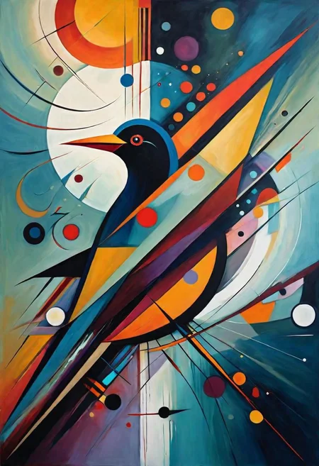 Design an abstract birds in the style of Kandinsky , dark colors evoke the essence of gothic. tea time, abstracted into geometric shapes, create a captivating . The abstract style energy into the design while maintaining a recognizable Abstract painting in Kandinsky style with 5 colors