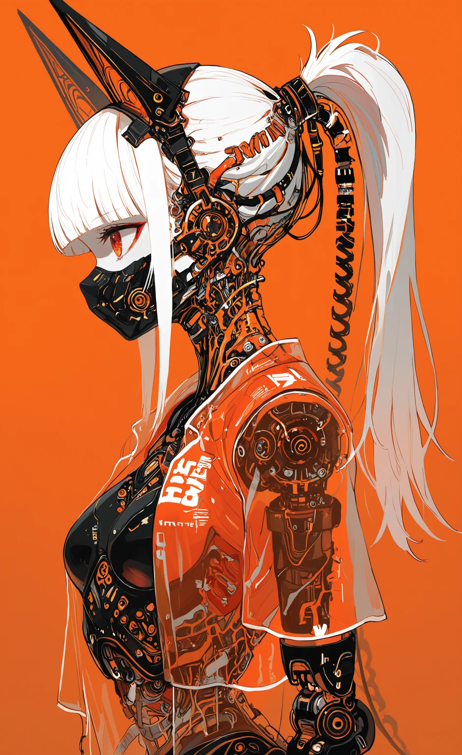 masterpiece, best quality, good quality, very awa, newest, highres, absurdres, 1girl, solo, long hair, simple background, red eyes, animal ears, upper body, white hair, ponytail, short sleeves, open clothes, blunt bangs, from side, orange eyes, fake animal ears, profile, mask, robot, science fiction, mouth mask, orange background, cable, joints, robot joints, mechanical parts, orange theme, cyberpunk, mechanical ears, limited palette, <lora:illustriousXL_stabilizer_v1.23:0.3> <lora:NOOB_vp1_detailer_by_volnovik_v1:0.3> <lora:ponyv6_noobE11_2_adamW-000017:0.3> <lora:114558v4df2fsdf5:0.6> <lora:XXX667:0.4> <lora:mon_monmon2133:0.5>