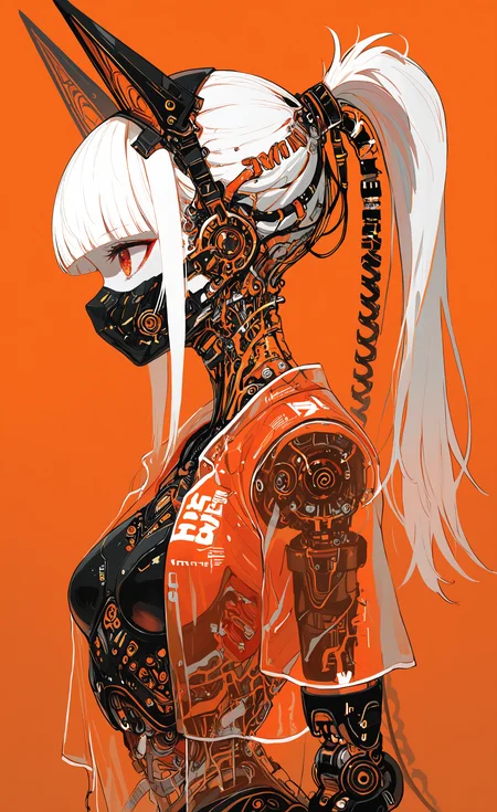 masterpiece, best quality, good quality, very awa, newest, highres, absurdres, 1girl, solo, long hair, simple background, red eyes, animal ears, upper body, white hair, ponytail, short sleeves, open clothes, blunt bangs, from side, orange eyes, fake animal ears, profile, mask, robot, science fiction, mouth mask, orange background, cable, joints, robot joints, mechanical parts, orange theme, cyberpunk, mechanical ears, limited palette, <lora:illustriousXL_stabilizer_v1.23:0.3> <lora:NOOB_vp1_detailer_by_volnovik_v1:0.3> <lora:ponyv6_noobE11_2_adamW-000017:0.3> <lora:114558v4df2fsdf5:0.6> <lora:XXX667:0.4> <lora:mon_monmon2133:0.5>