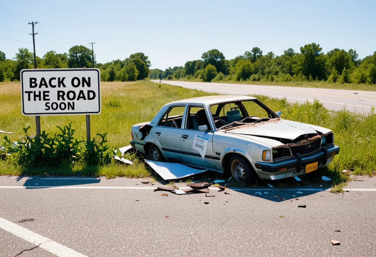 Wrecked car next to sign with text:"Back on the road soon"
<lora:text:0.9>