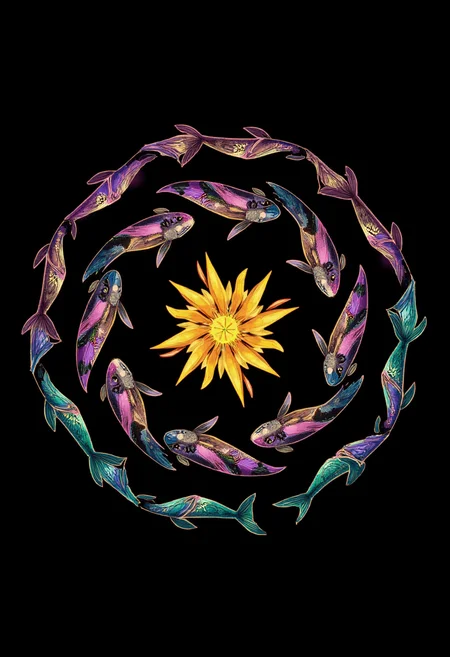 in the style of ck-lttlegh0st, A school of fish swimming in synchronized motion, their bodies forming an angular mandala of radiant gold, purple, and teal. The background is a stark, flat black, making the shimmering metallic and gem-like patterns leap forward in a style inspired by both Art Deco and underwater photography.