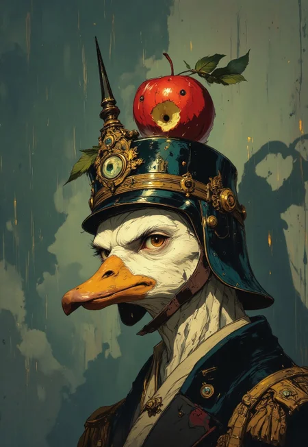 A whimsical illustration depicting a furious white duck wearing a richly decorated Prussian spiked helmet. The duck’s face is the focal point, rendered with expressive, narrowed eyes and a deeply grumpy, annoyed expression as it glares at a little cheeky caterpillar perched atop its bright yellow beak. Atop the ornate spiked helmet a bitten, shiny red apple is nonchalantly pierced by the helmets spike. The background features an overcast, rainy sky with streaks of rain and soft, diffused light, which enhances the dramatic mood while lending a subtle melancholy to the atmosphere. The overall composition combines historical military elegance with absurdity, emphasizing the duck's unmistakable, expressive features as it fixates on its pesky visitor in a delightfully whimsical narrative.
in the style of cksc, DB4RZ style painting, aidmafluxpro1.1, Anime art